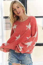 ADORA Full Size Star Contrast Round Neck Sweater Plus Size - LoveNest Treasures