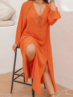 Plus Size Tie Neck Long Sleeve Slit Dress - LoveNest Treasures