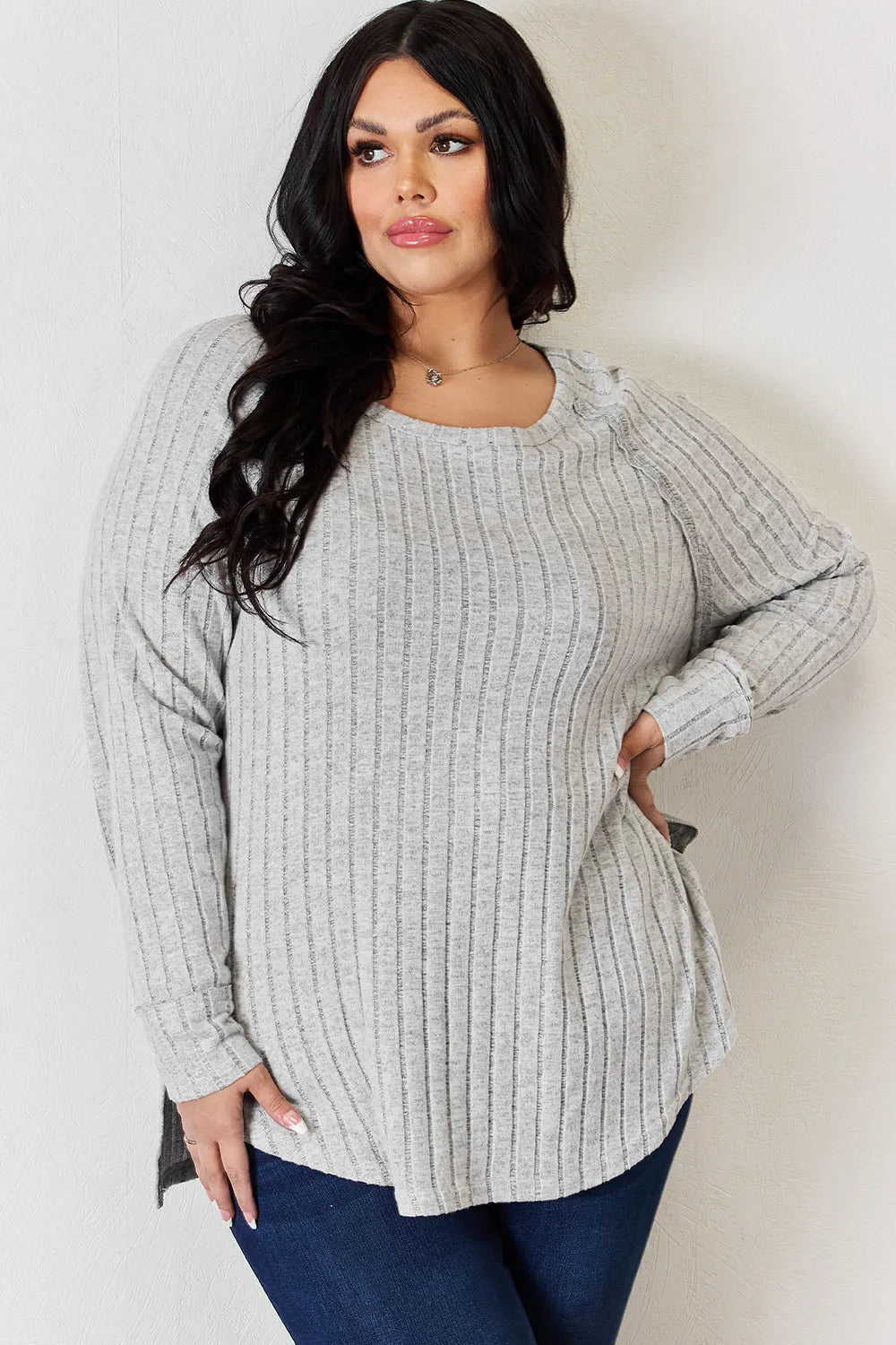 Basic Bae Full Size Ribbed Round Neck Slit T-Shirt - LoveNest Treasures
