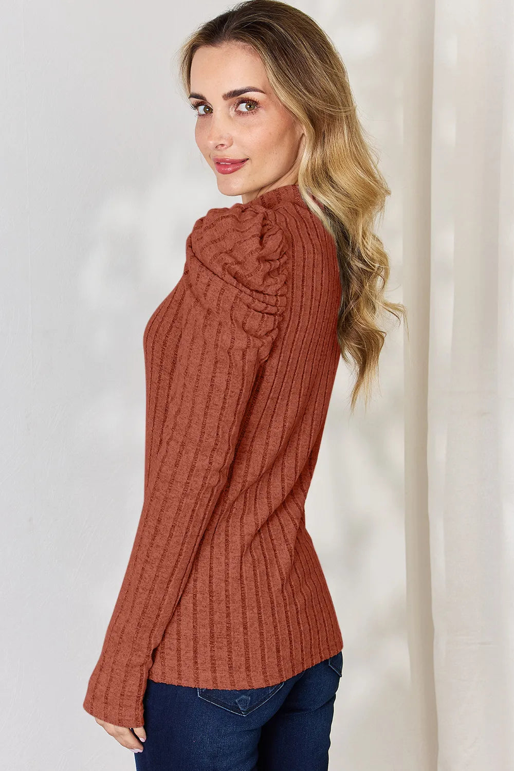 Basic Bae Full Size Ribbed Mock Neck Puff Sleeve T-Shirt - LoveNest Treasures