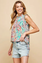 Lime 'N' Chili Full Size Graphic Print Ruffle Trim Mock Neck Sleeveless Top Plus Size - LoveNest Treasures