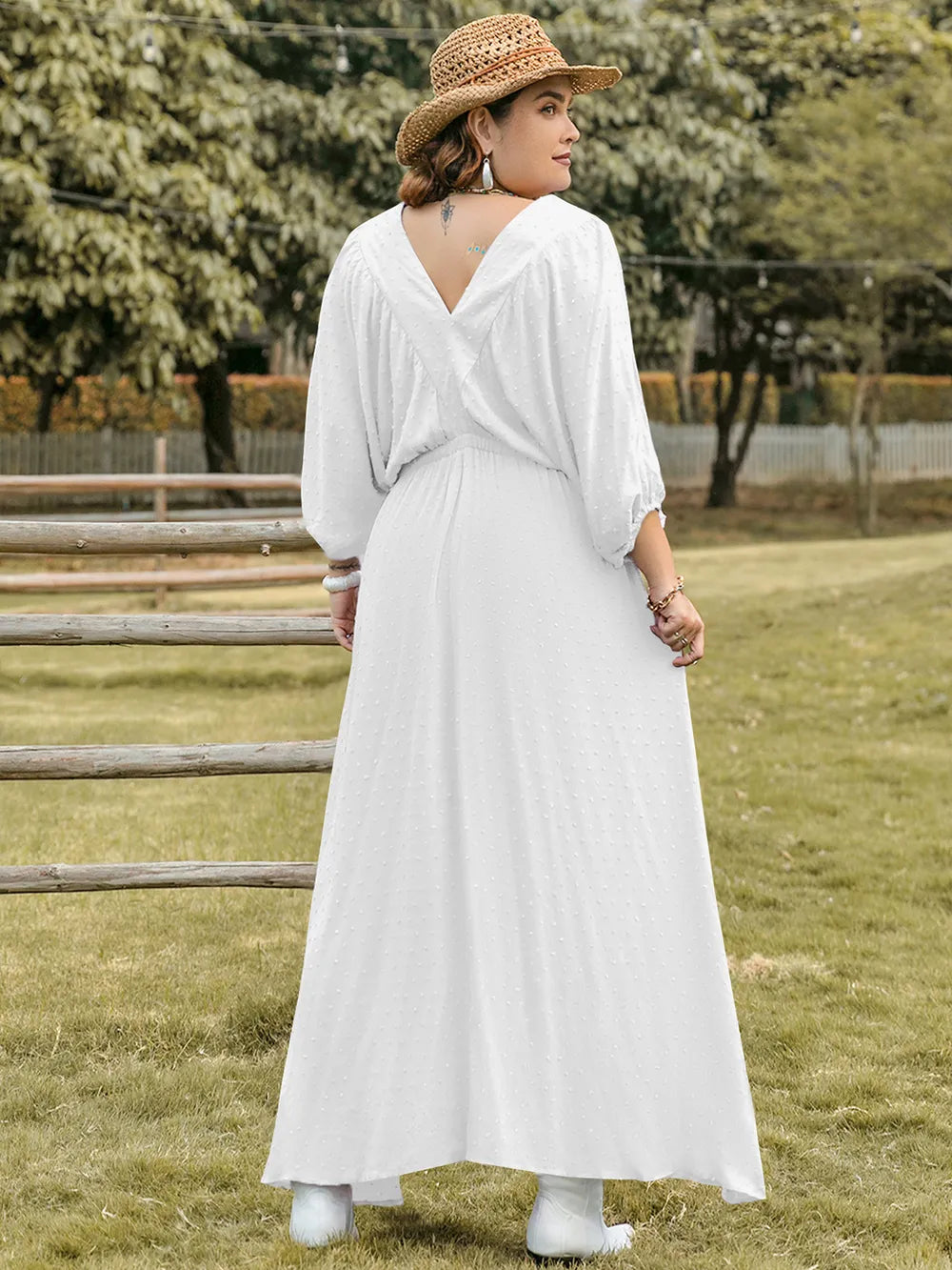 Plus Size Swiss Dot V-Neck Three-Quarter Sleeve Dress - LoveNest Treasures