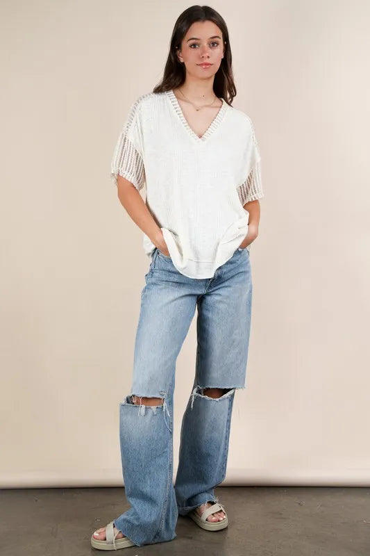 VERY J Full Size Oversized Contrast Knit Comfy Casual Top Plus Size - LoveNest Treasures