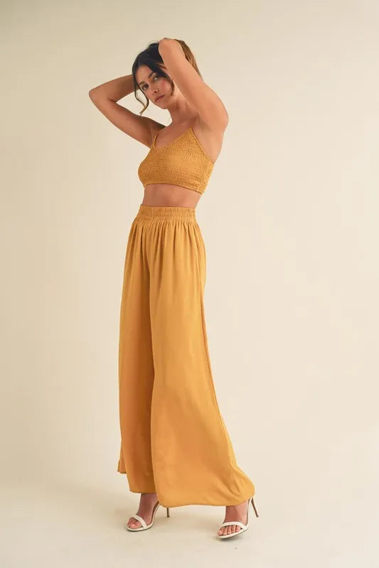 MABLE Smocked Bralette Crop Top and Wide Leg Pants Set - LoveNest Treasures