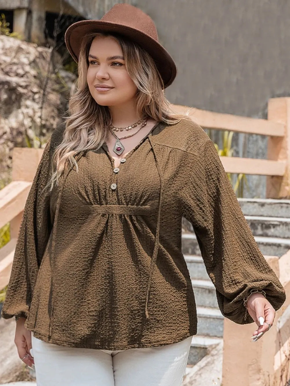 Plus Size Tie Neck Long Sleeve Blouse - LoveNest Treasures
