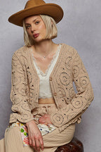 POL Button Down V-Neck Crochet Cardigan - LoveNest Treasures