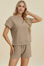 Double Take Full Size Texture Short Sleeve Top and Shorts Set - LoveNest Treasures