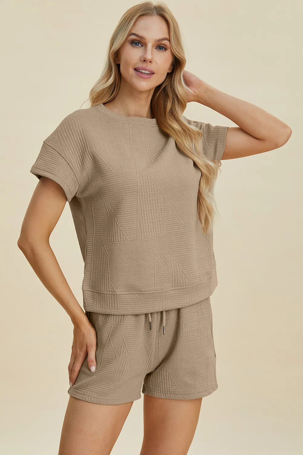 Double Take Full Size Texture Short Sleeve Top and Shorts Set - LoveNest Treasures