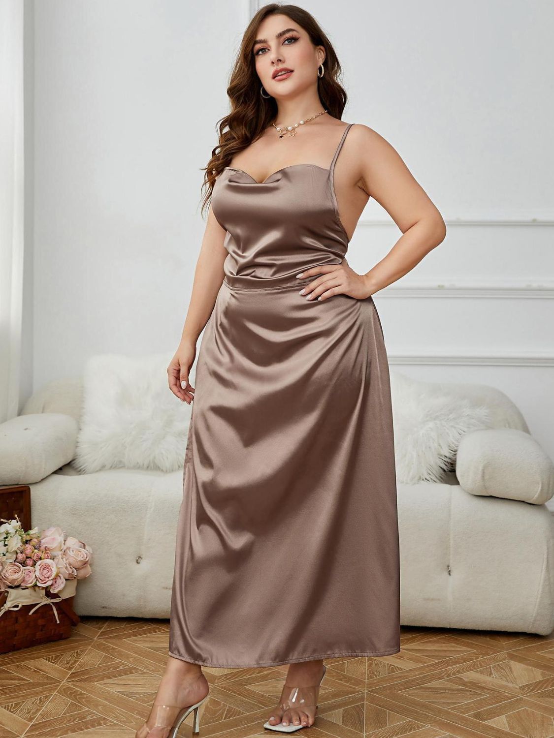 Plus Size Lace-Up Spaghetti Strap Split Night Dress - LoveNest Treasures