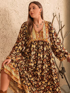Plus Size Printed V-Neck Balloon Sleeve Dress - LoveNest Treasures