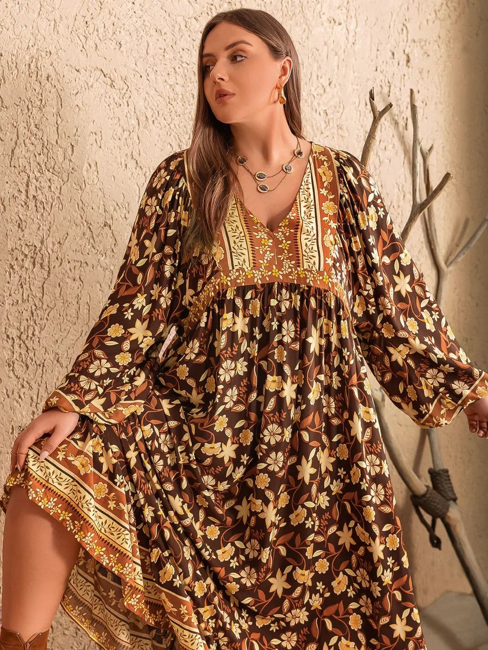 Plus Size Printed V-Neck Balloon Sleeve Dress - LoveNest Treasures