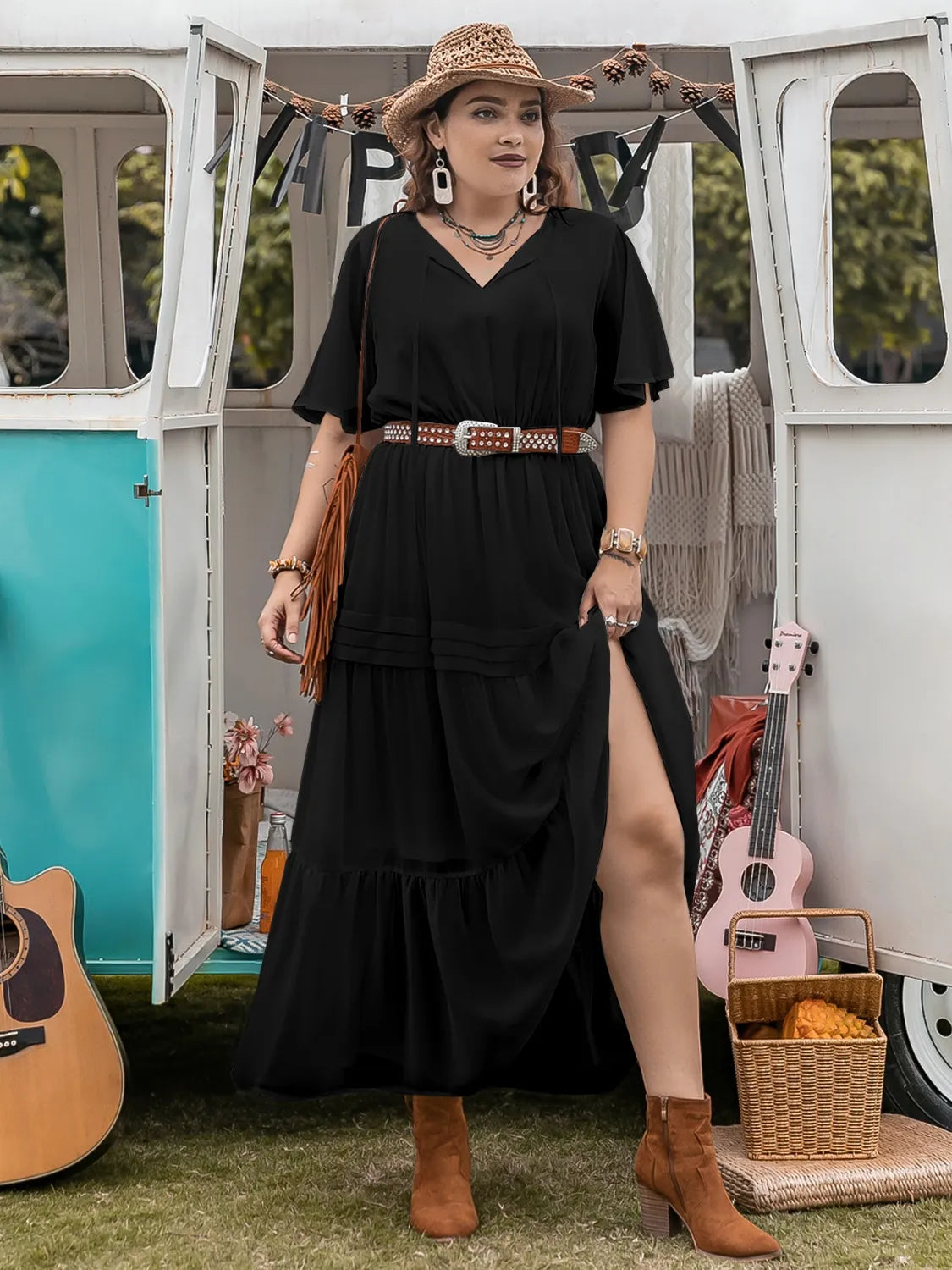 Plus Size Tie Neck Flutter Sleeve Dress - LoveNest Treasures