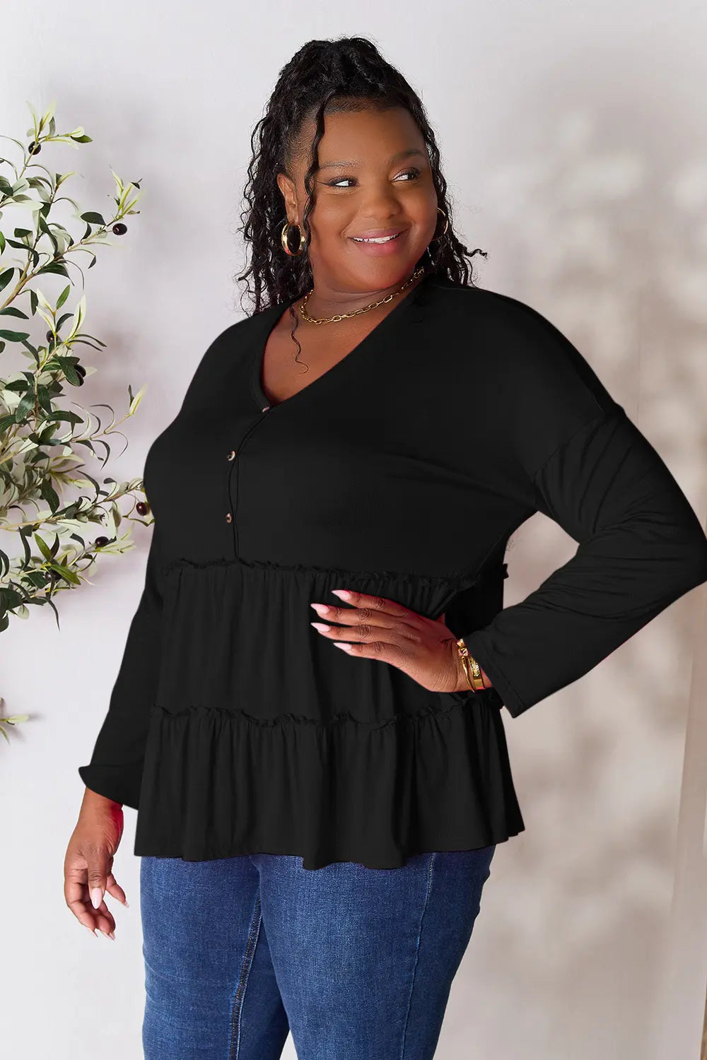 Double Take Half Button Long Sleeve Ruffle Hem Blouse - LoveNest Treasures