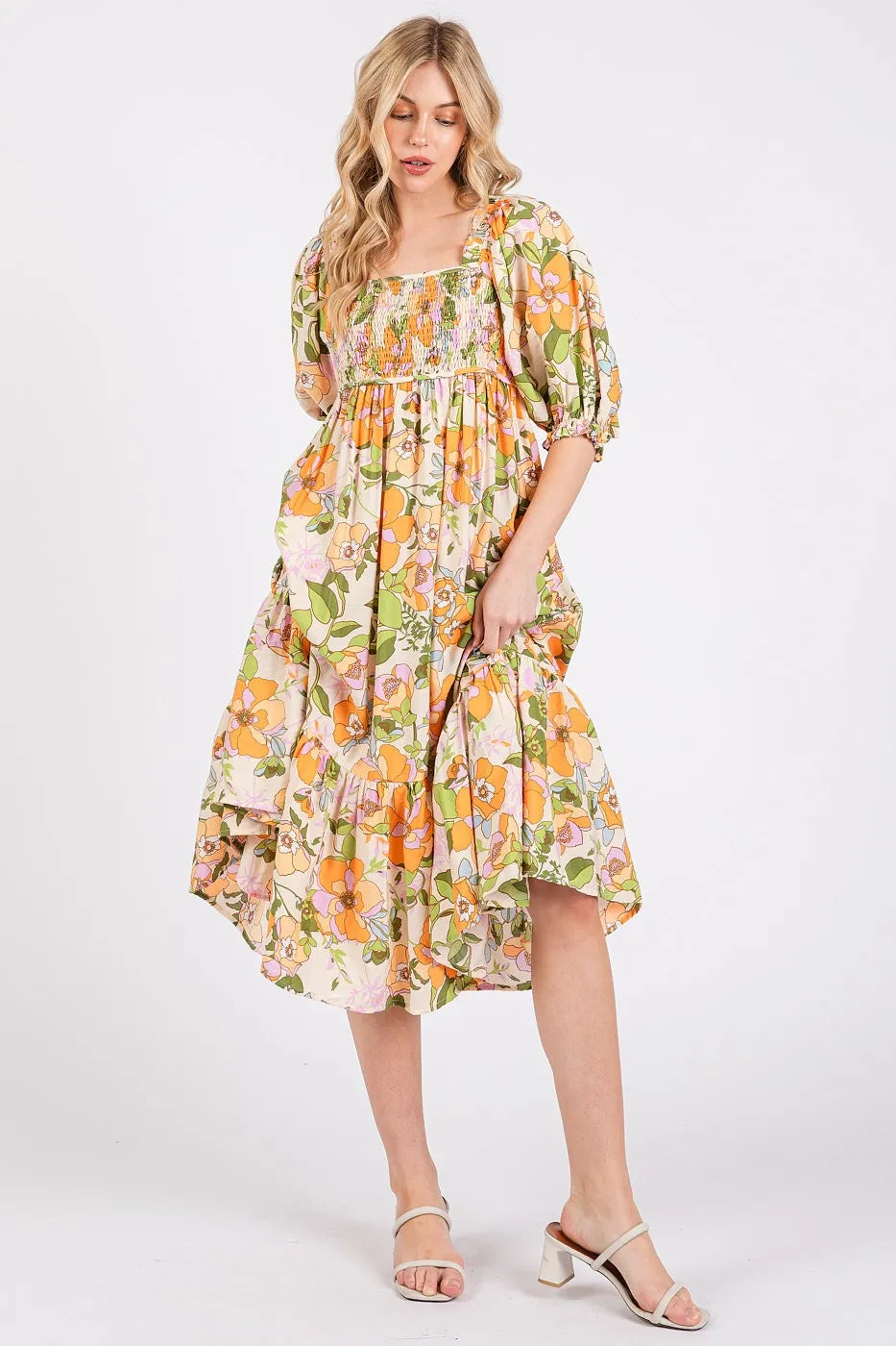 Mittoshop Flower Print Puff Sleeve Ruffle Smocked Midi Dress - LoveNest Treasures