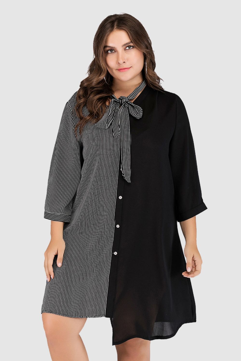 Plus Size Striped Color Block Tie-Neck Dress - LoveNest Treasures