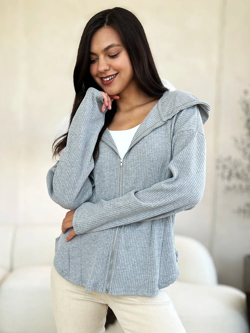 Culture Code Full Size Ribbed Zip Up Drawstring Hooded Jacket - LoveNest Treasures