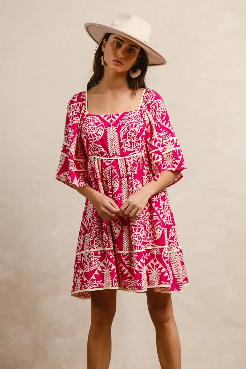 BiBi Aztec Woven Printed Contrast Binding Dress - LoveNest Treasures
