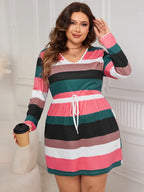 Honey Plus Size Striped V-Neck Long Sleeve Mini Dress - LoveNest Treasures