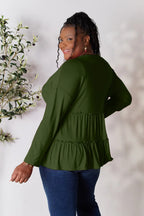 Double Take Half Button Long Sleeve Ruffle Hem Blouse - LoveNest Treasures
