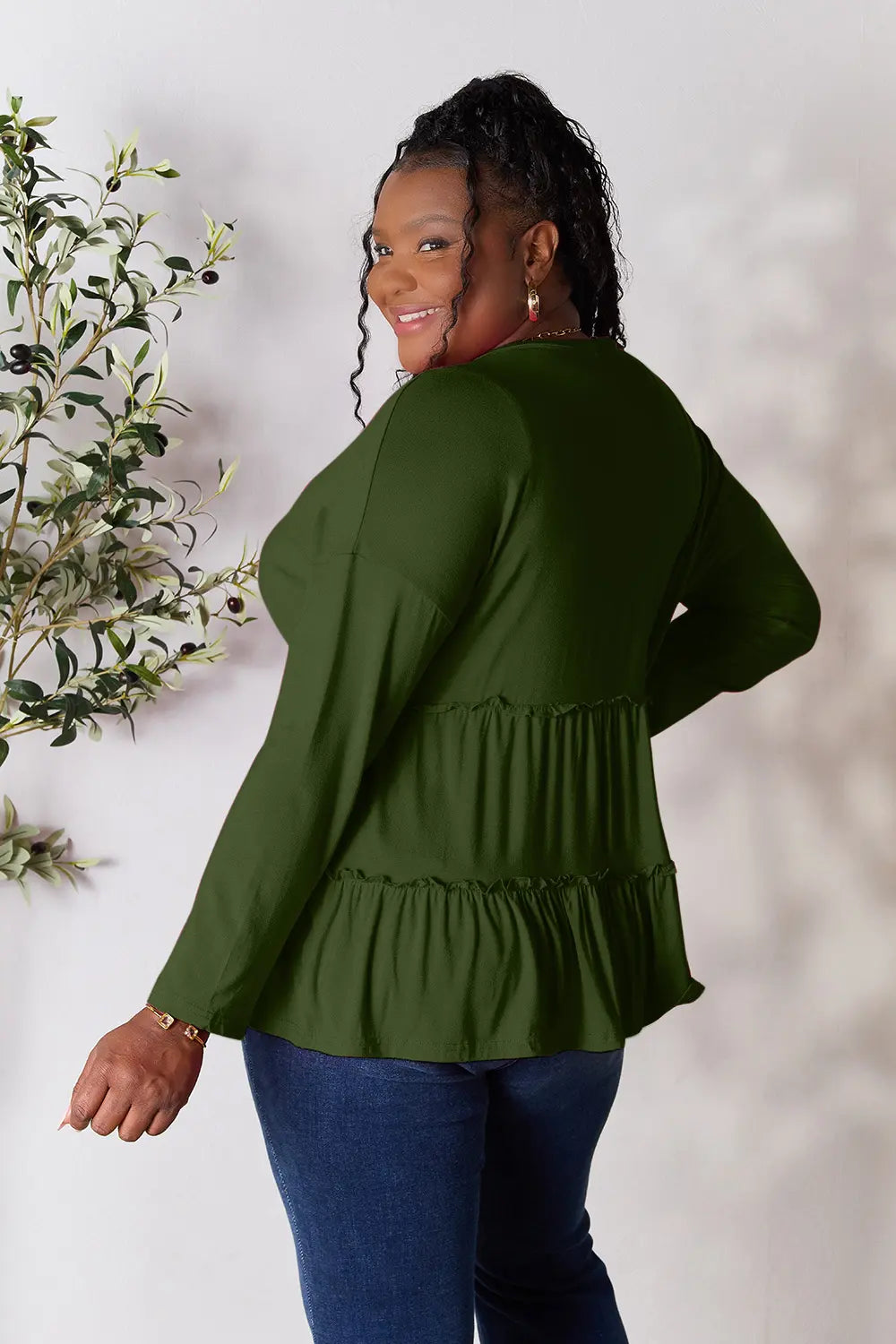 Double Take Half Button Long Sleeve Ruffle Hem Blouse - LoveNest Treasures