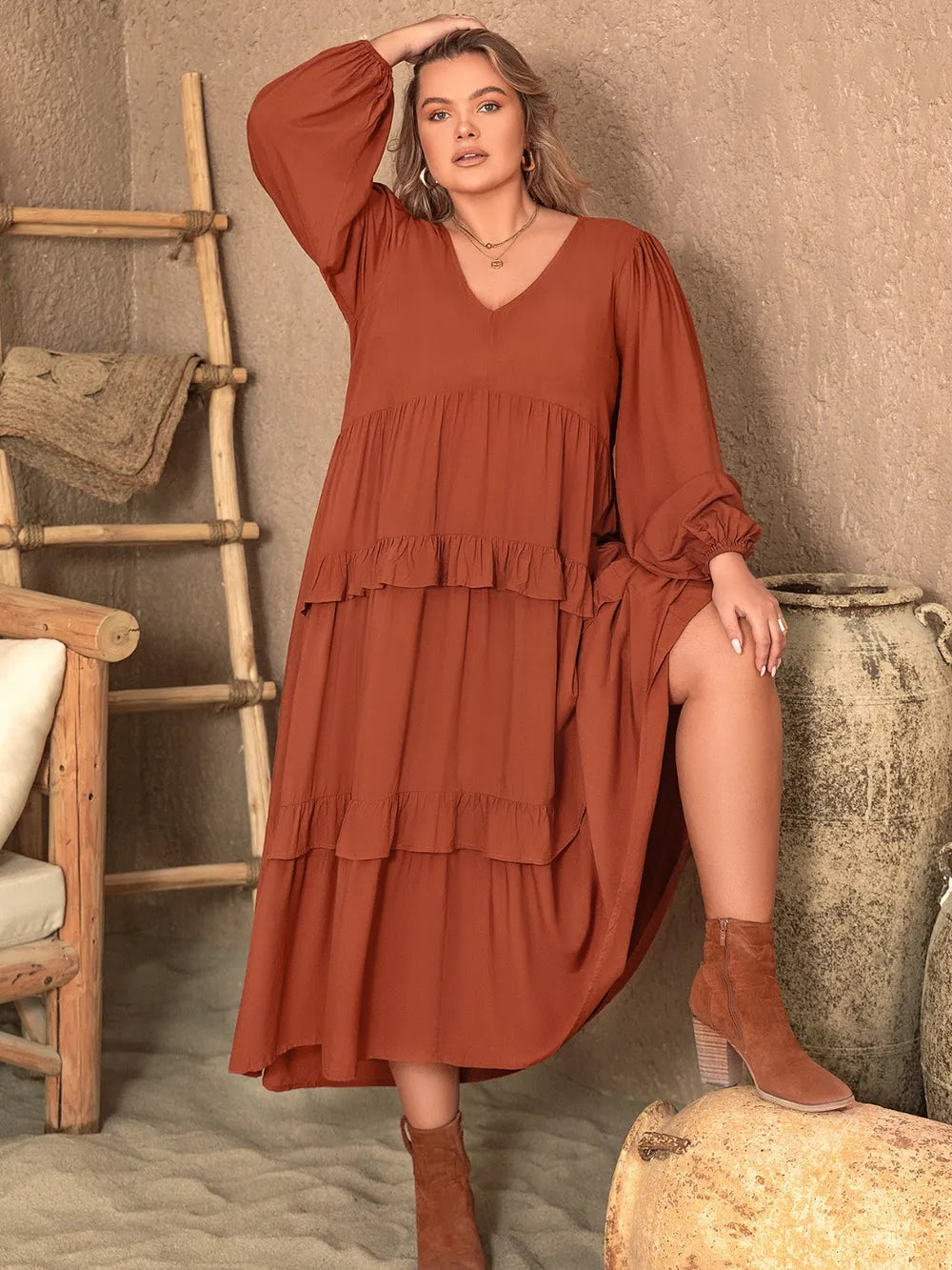 Plus Size Ruffled V-Neck Balloon Sleeve Dress - LoveNest Treasures