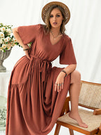 Plus Size V-Neck Flutter Sleeve Midi Dress - LoveNest Treasures