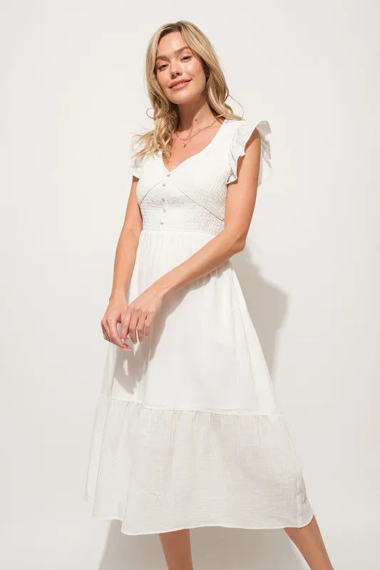 And The Why Ruffle Sleeve Front Smocked Tiered Midi Dress - LoveNest Treasures