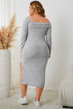 Honey Plus Size Square Neck Long Sleeve Slit Dress - LoveNest Treasures
