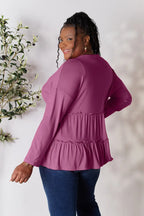 Double Take Half Button Long Sleeve Ruffle Hem Blouse - LoveNest Treasures