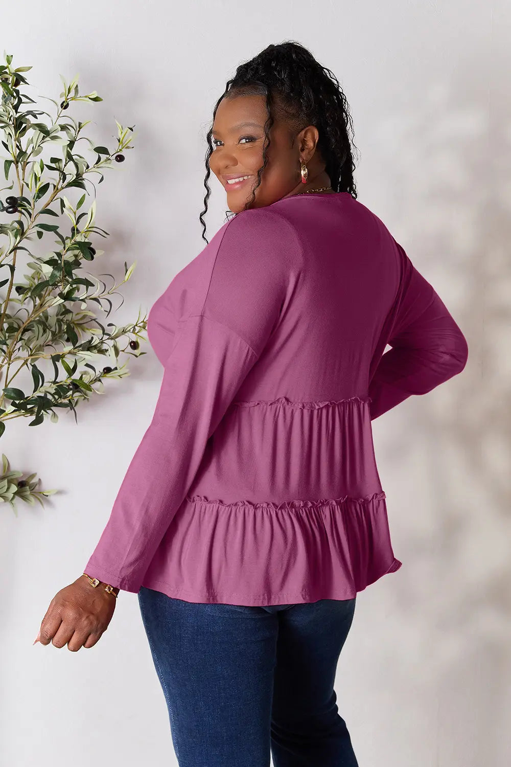 Double Take Half Button Long Sleeve Ruffle Hem Blouse - LoveNest Treasures