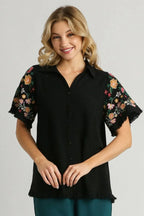 Umgee Full Size Linen Shirt with Embroidered Sleeves Plus Size - LoveNest Treasures