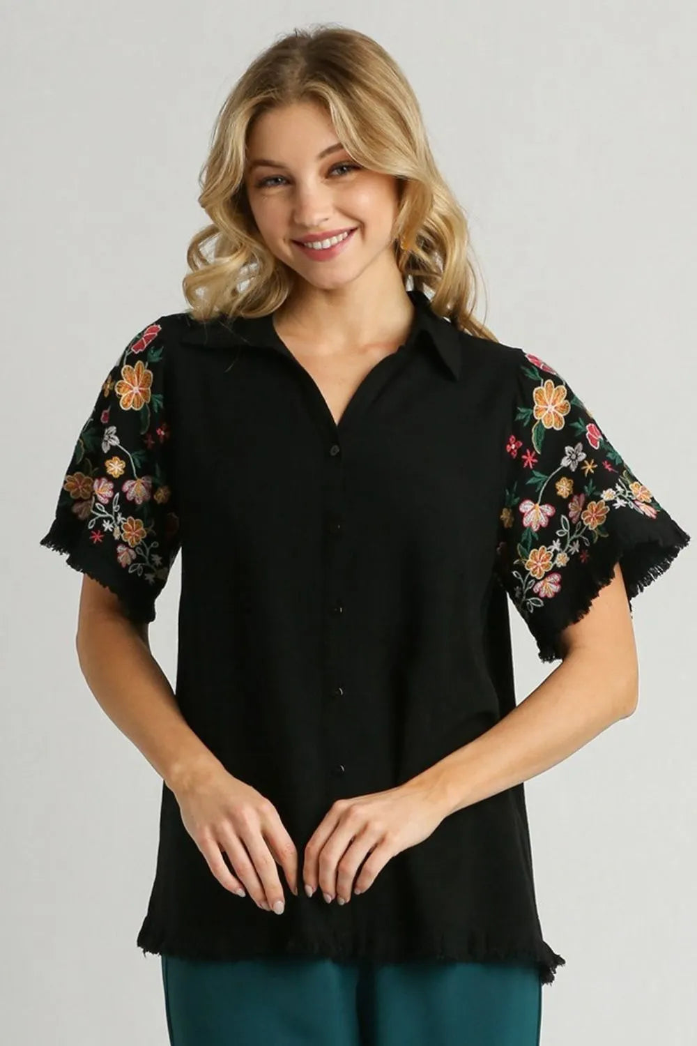 Umgee Full Size Linen Shirt with Embroidered Sleeves Plus Size - LoveNest Treasures