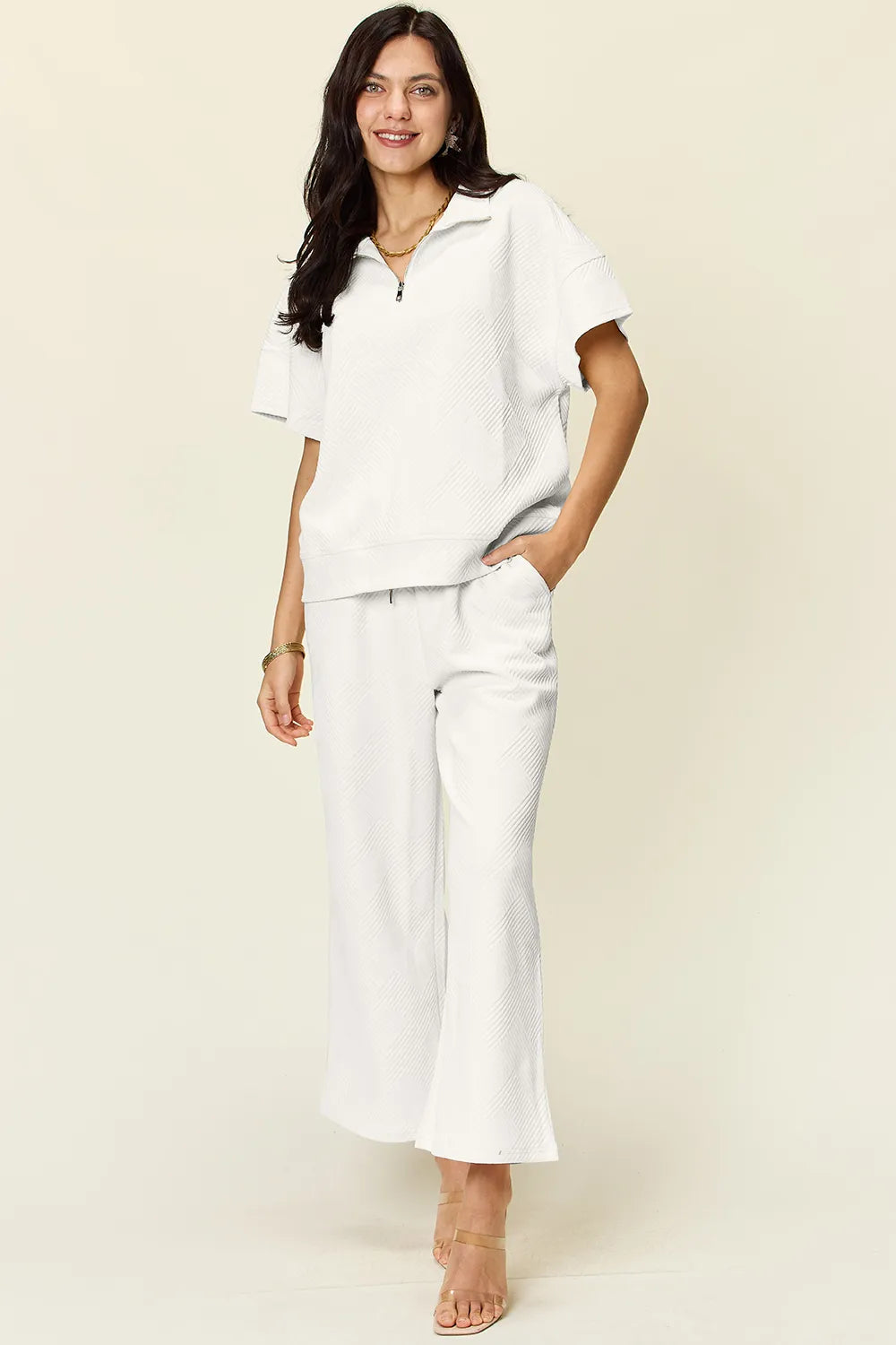 Double Take Full Size Texture Half Zip Short Sleeve Top and Pants Set - LoveNest Treasures