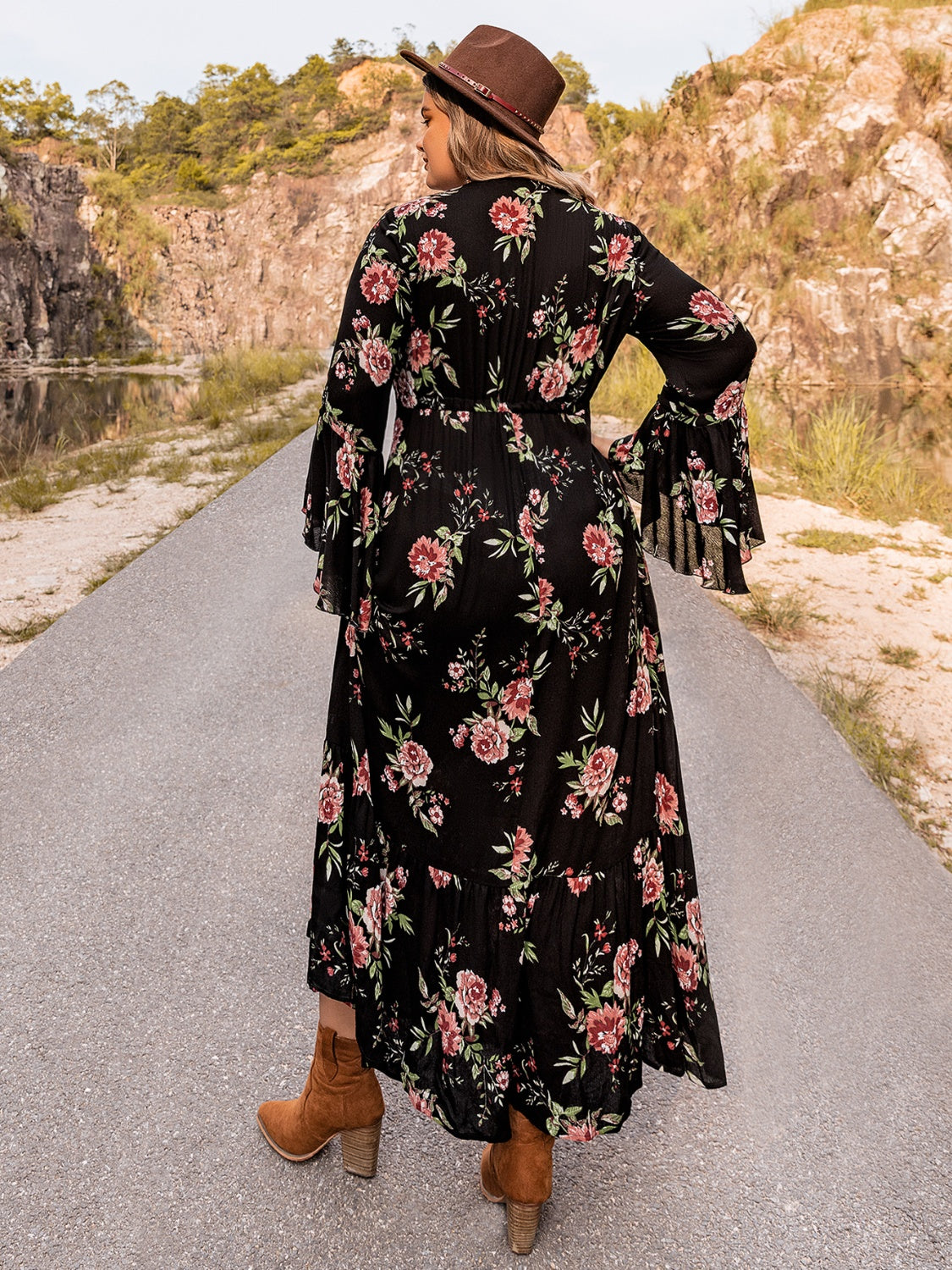Plus Size Floral Flare Sleeve Dress - LoveNest Treasures
