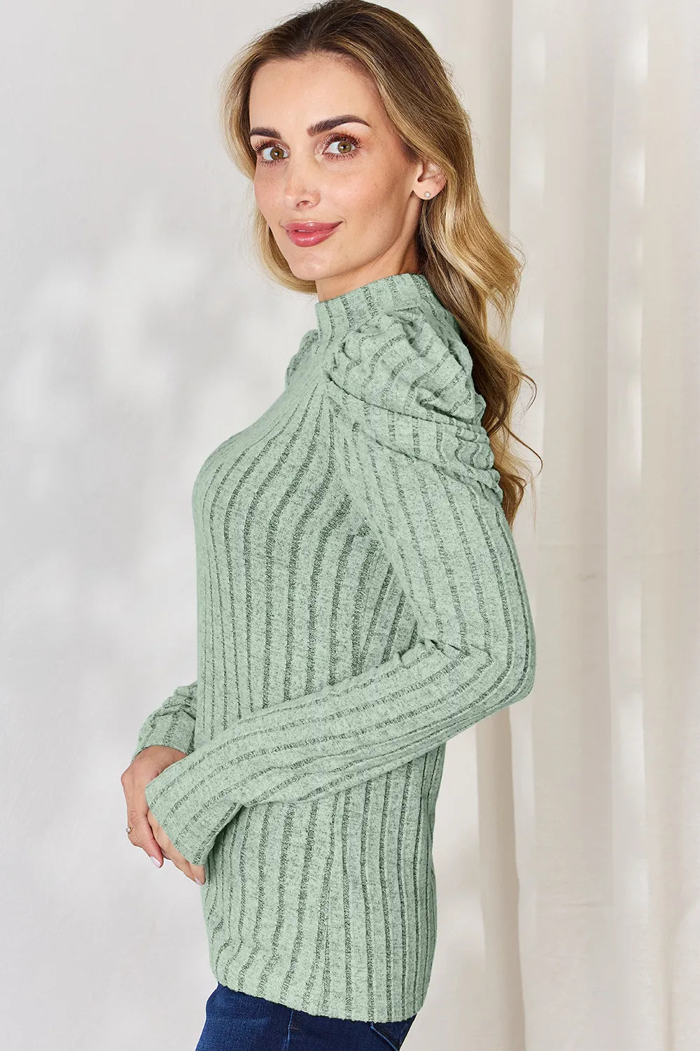 Basic Bae Full Size Ribbed Mock Neck Puff Sleeve T-Shirt - LoveNest Treasures