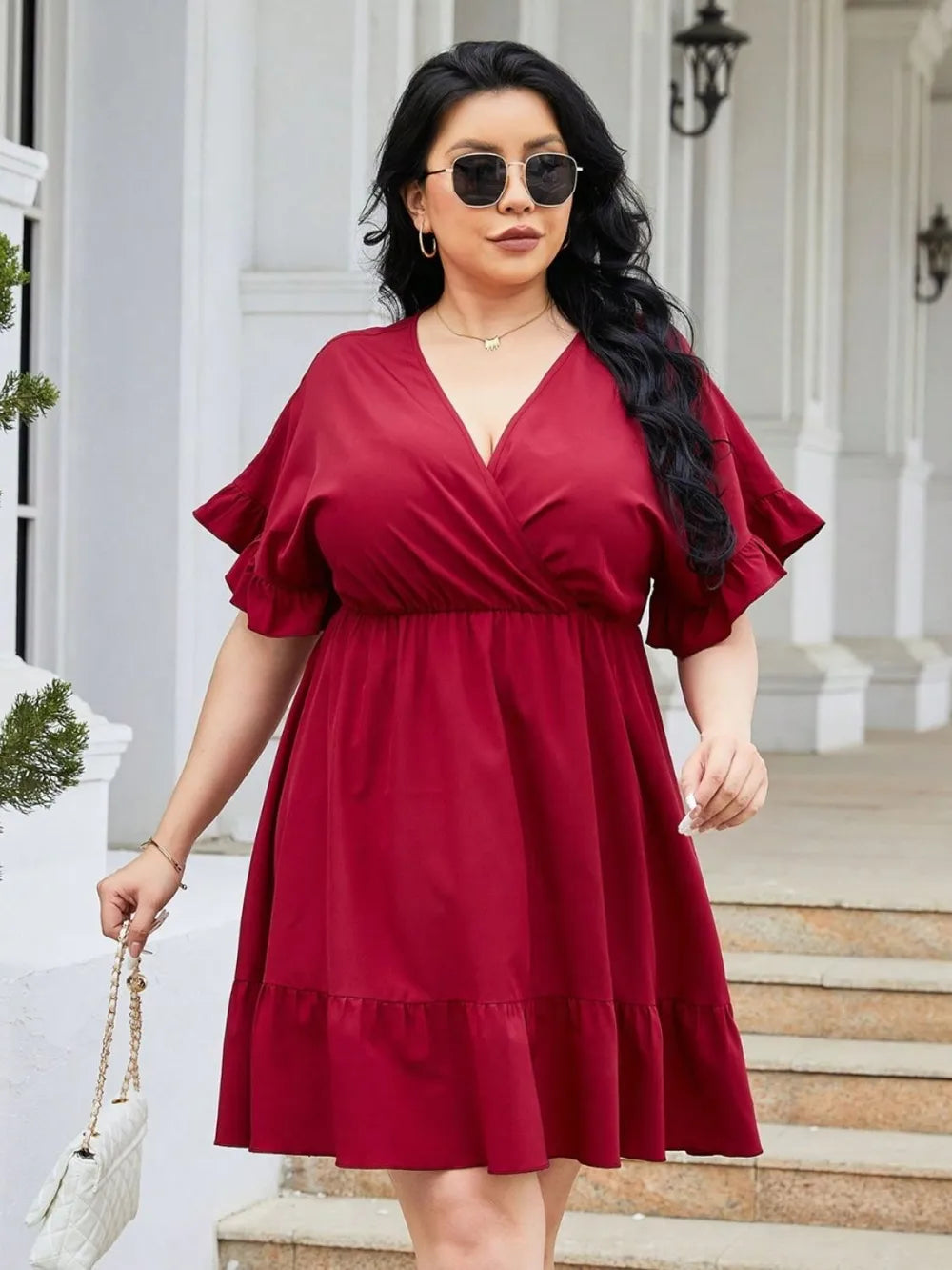 Plus Size Ruched Surplice Flounce Sleeve Mini Dress - LoveNest Treasures