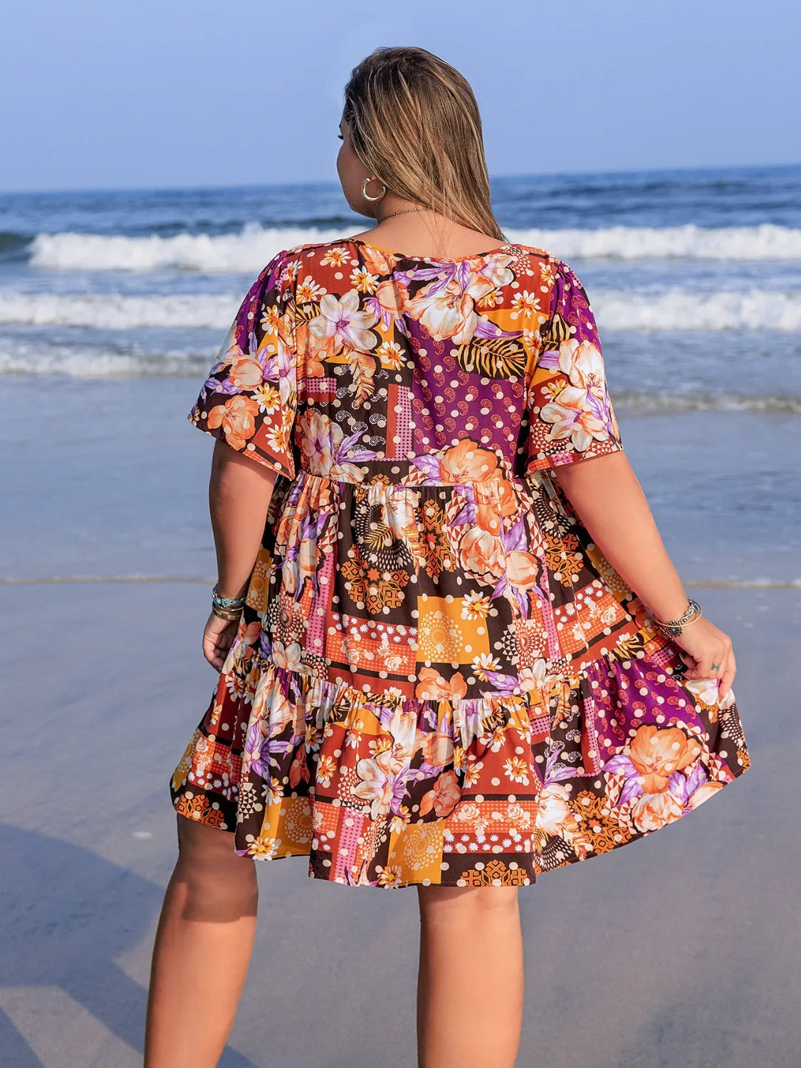 Plus Size Printed Round Neck Short Sleeve Dress - LoveNest Treasures