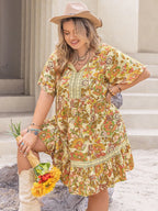 Plus Size Printed Tie Neck Short Sleeve Mini Dress - LoveNest Treasures