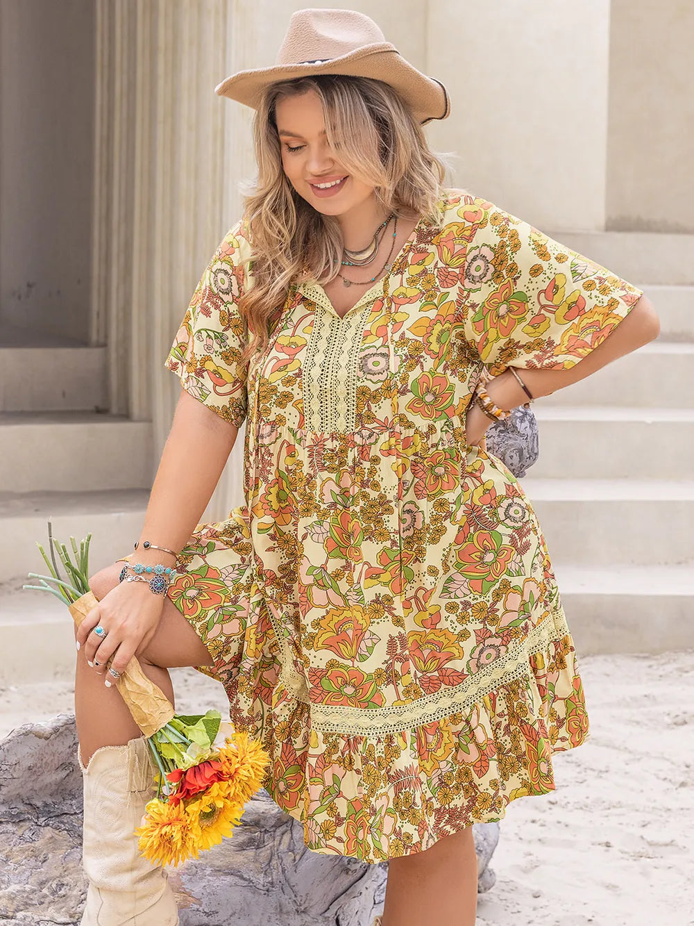 Plus Size Printed Tie Neck Short Sleeve Mini Dress - LoveNest Treasures