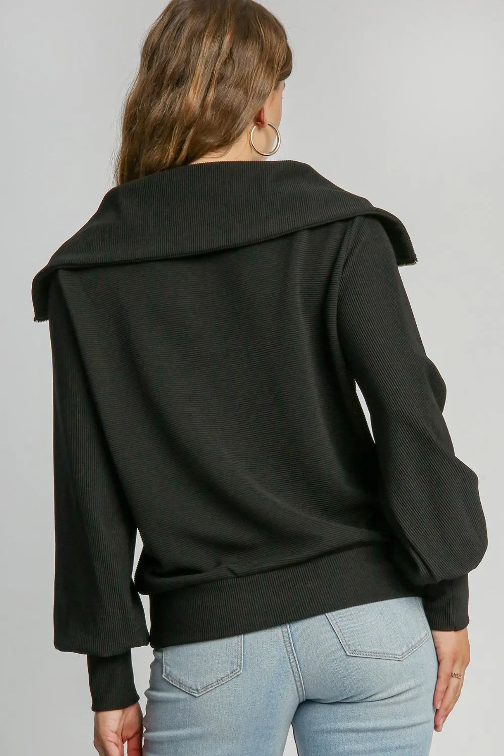 Umgee Full Size Ribbed Knit Half Zipper Sweatshirt Plus Size - LoveNest Treasures