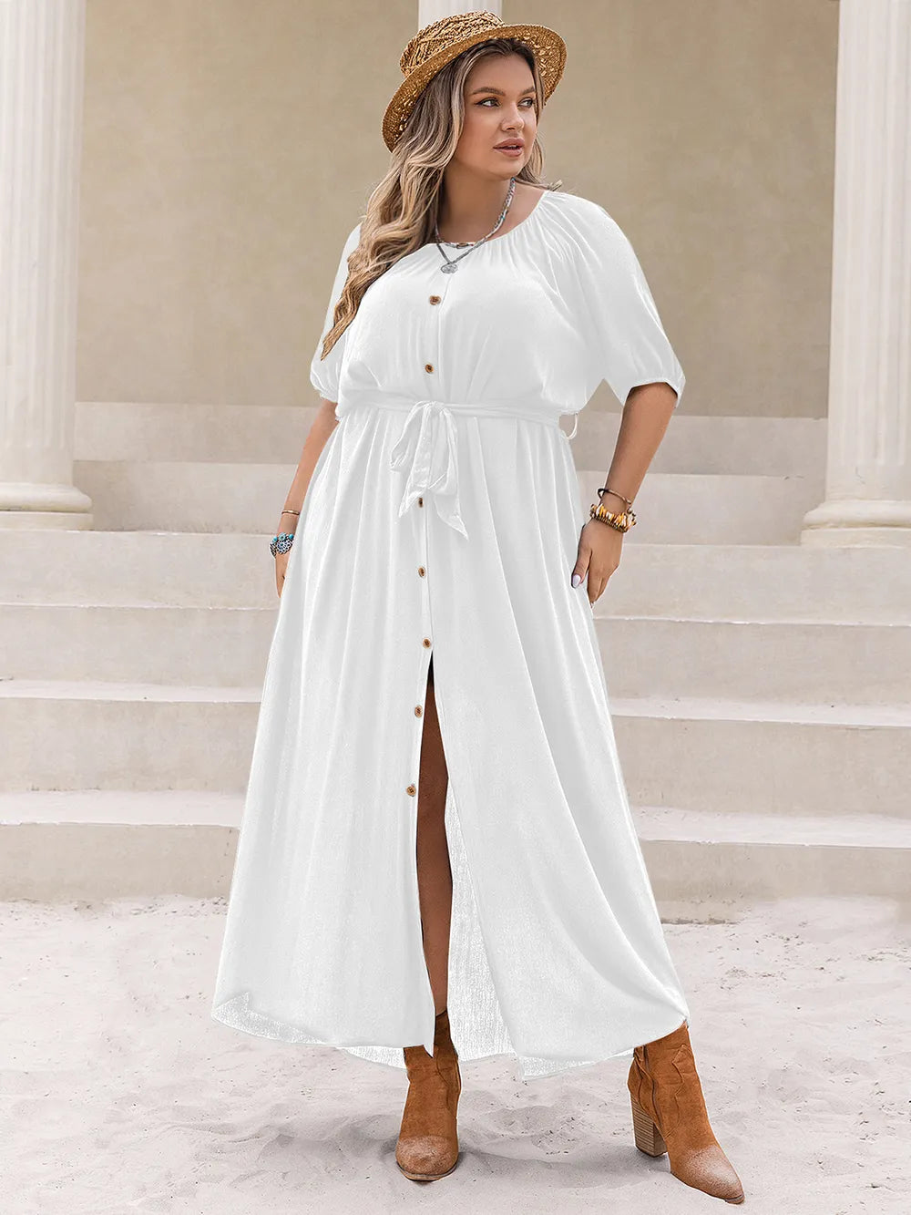 Plus Size Round Neck Half Sleeve Dress - LoveNest Treasures