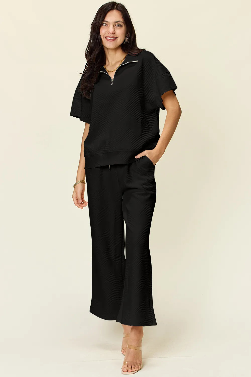 Double Take Full Size Texture Half Zip Short Sleeve Top and Pants Set - LoveNest Treasures