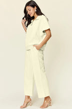 Double Take Full Size Texture Half Zip Short Sleeve Top and Pants Set - LoveNest Treasures