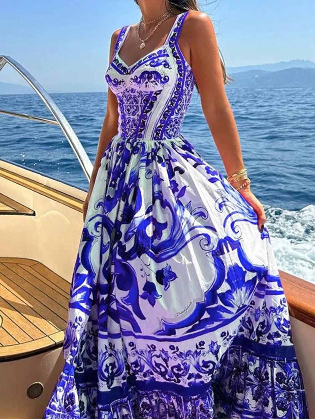 Full Size Printed Sweetheart Neck Maxi Cami Dress Plus Size - LoveNest Treasures