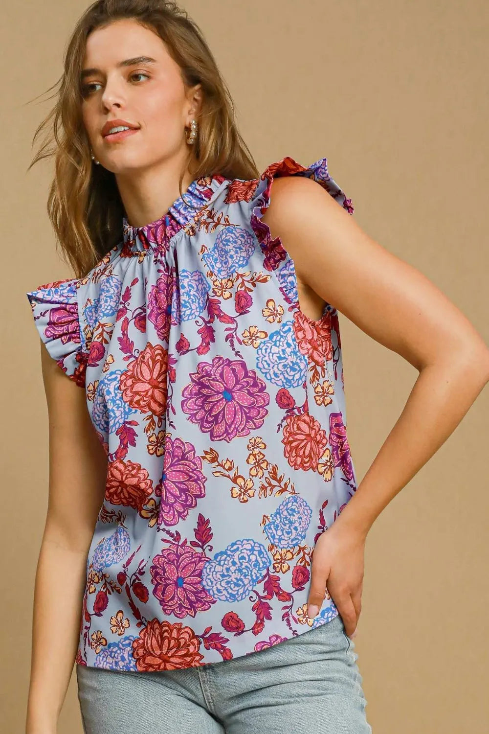 Umgee Full Size Floral Print Ruffled Cap Sleeve Blouse Plus Size - LoveNest Treasures