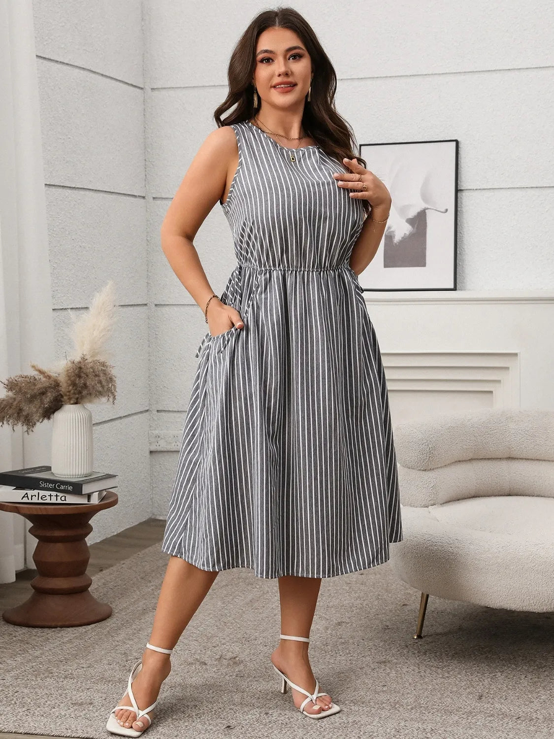 Plus Size Striped Round Neck Sleeveless Dress - LoveNest Treasures