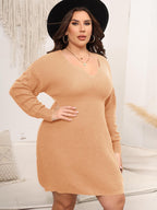Plus Size Dropped Shoulder Long Sleeve Knit Mini Dress - LoveNest Treasures