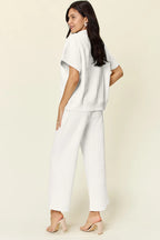 Double Take Full Size Texture Half Zip Short Sleeve Top and Pants Set - LoveNest Treasures