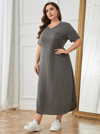 Plus Size Pocketed V-Neck Short Sleeve Lounge Dress - LoveNest Treasures