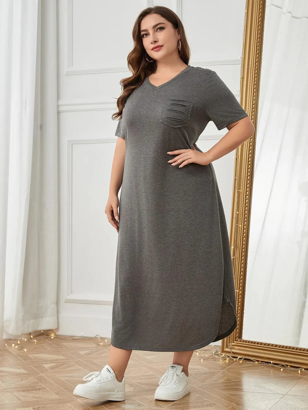 Plus Size Pocketed V-Neck Short Sleeve Lounge Dress - LoveNest Treasures